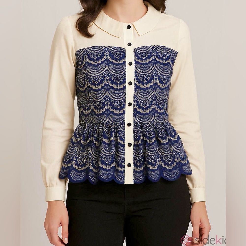 Lulumari Cream Blue Lace SZ S Boho Elegant Coquette Soft Office Academic Top